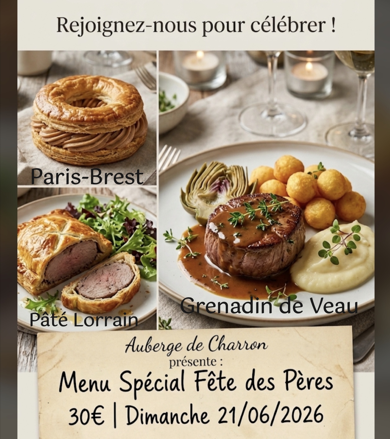 Photo de l'affiche présentant le menu de la fête des Pères Dimanche 21 Juin 2026 à l'Auberge de Charron
